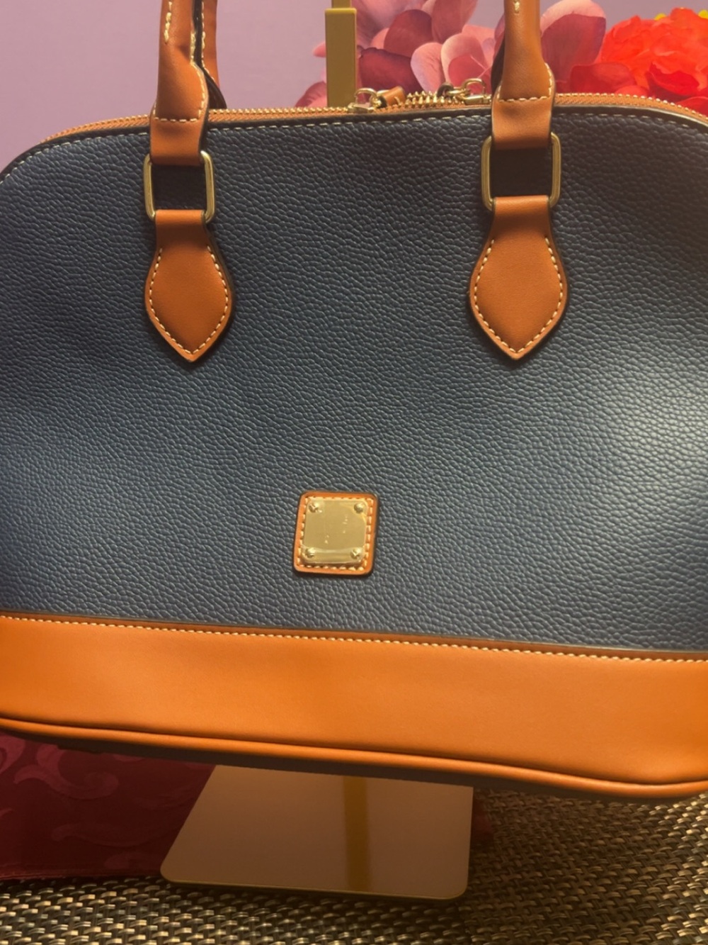 Blue and Tan Women’s Satchel with Gold Accent